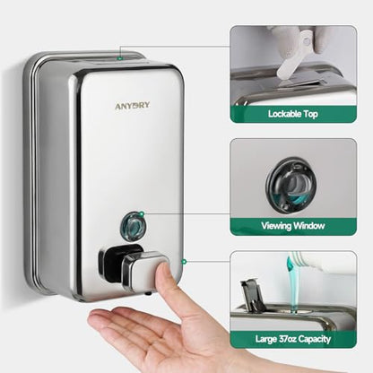 anydry Commercial Wall Mounted Soap Dispenser 37oz 1100ml Large Capacity Polished Stainless Steel Manual Dispenser for High Traffic Restrooms - color: Polished