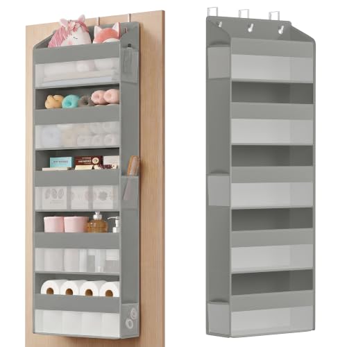 SONGMICS Over-the-Door Organizer, 2 Pack 5-Tier Door Hanging Storage Shelf, Heavy-Duty Closet Hanging Organizer Foldable, Transparent, Pockets, Metal Hooks, Dove Gray URDH011GD01 - color: Dove Gray, size: 2 Pack