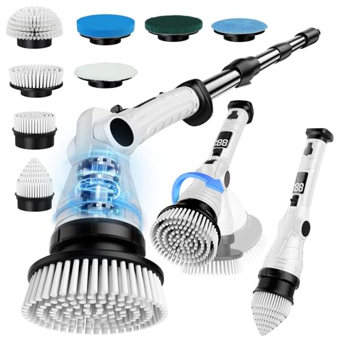 Electric Spin Scrubber, Cordless 3 Speeds 8 Heads Bathroom Cleaning Brush | 450RPM, 54" Extendable Handle, 8 Replaceable Brush Heads, Heavy-Duty, Power Scrubber for Shower, Tub, Tile, Floor, Wall Clean