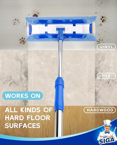 MR.SIGA Professional Microfiber Mop for Hardwood, Laminate, Tile Floor Cleaning, Stainless Steel Telescopic Handle - 3 Reusable Flat Mop Refills and 1 Dirt Removal Scrubber Included - color: Blue