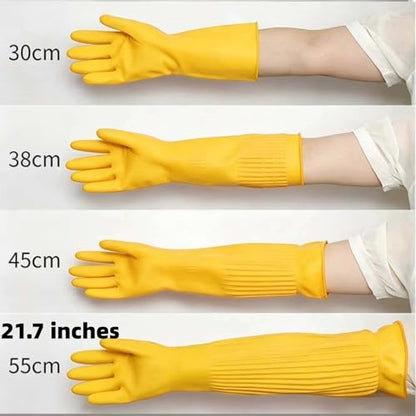 21.7inch Extra Long Latex Cleaning Gloves Waterproof Heavy Duty Rubber Reusable Dish wash Household Cleaning - color: Yellow
