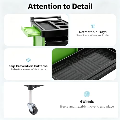 Salon Trolley Cart with Wheels, 6-Tier Beauty S-alon Cart with 4 Drawers, Space-Saving Rolling Salon Versatile Utility Cart, Open Top Floor, 110.23lbs Load-Bearing, Retractable Trays (Green+Black) - color: Green+black