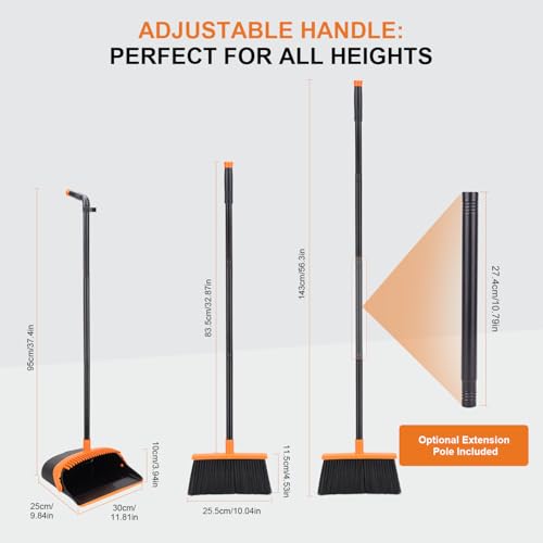 Broom and Dustpan Set - 56" Long Adjustable Handle Broom with Upright Standing Dustpan Combo for Home,Kitchen, Shopping Mall and Factory Indoor&Outdoor Sweeping