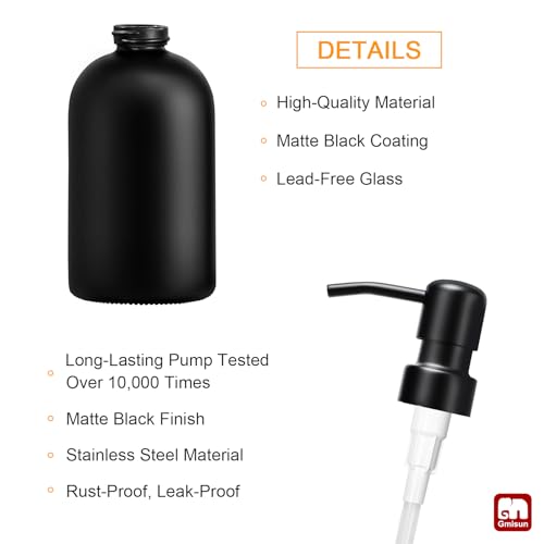 GMISUN Black Soap Dispenser, Dish/Hand Soap Dispenser with Matte Black Stainless Steel Pump, 15 fl oz/450ml Glass Soap Dispensers Set for Kitchen/Bathroom, Modern Refillable Liquid Lotion Dispenser - color: Black Bottle + Black Pump, size: 1 Pack - 15oz