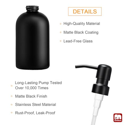 GMISUN Black Soap Dispenser, Dish/Hand Soap Dispenser with Matte Black Stainless Steel Pump, 15 fl oz/450ml Glass Soap Dispensers Set for Kitchen/Bathroom, Modern Refillable Liquid Lotion Dispenser - color: Black Bottle + Black Pump, size: 1 Pack - 15oz
