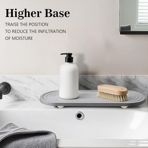 Instant Dry Sink Caddy Organizer, Fast Drying Sink Caddy, Water Absorbing Stone Sponge Holder for Kitchen and Bathroom Countertop with Natural Loofah and Wooden Feet - color: Grey