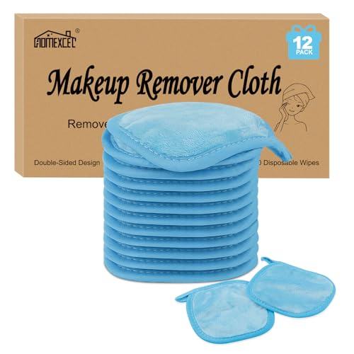 HOMEXCEL Makeup Remover Cloth 12 Count (Pack of 1), Reusable Makeup Remover Pads, Washable Ultra Soft Facial Cleansing Cloths For All Skin Types, 5 X 5 In, Blue - color: Blue