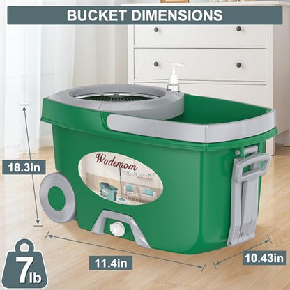 Dual Compartment Spin Mop and Bucket, Mop and Bucket with Wringer Set,360°Rotating Spinning Mopping for Floor Cleaning with 6 Microfiber Replacement Heads, 61" Extended Handle, 2X Wheel - Deep Green - size: Deep Green Mop Bucket + 6 Mop Heads