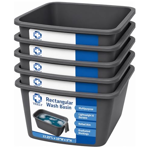 Vakly Wash Basins – Rectangular Plastic Hospital Bedside Soaking Tub (Pack of 5) Small 7 Qt Graduated Bucket - Portable Washbasin for Washing, Cleaning, Foot Bath, Dishes, Face Cleansing Bowl (5)