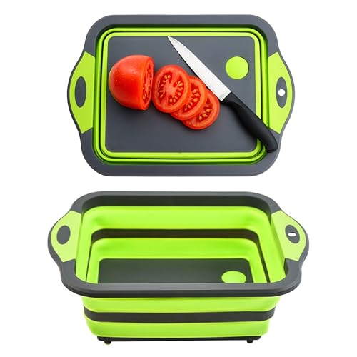 SSKT 3-in-1 Collapsible Cutting Board – Multifunctional Kitchen Sink Tub Basin with Drain, Chopping Board & Washing up Bowl – Space-Saving & Portable for Kitchen, Camping, RV, & Outdoor Use (Green) - color: Green
