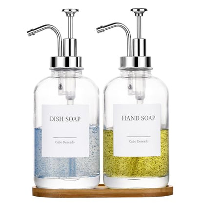 Glass Soap Dispenser with Pump, Dish and Hand Soap Dispenser for Kitchen Bathroom Set, Clear Glass Dispenser Set of 2 Pack with 18 Stickers Funnel Bamboo Tray 500ml 18oz / Each Bottle Sliver Pump - color: Glass+sliver Pump
