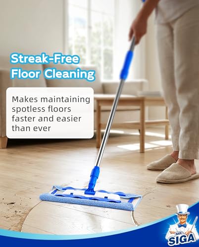 MR.SIGA Professional Microfiber Mop for Hardwood, Laminate, Tile Floor Cleaning, Stainless Steel Telescopic Handle - 3 Reusable Flat Mop Refills and 1 Dirt Removal Scrubber Included - color: Blue