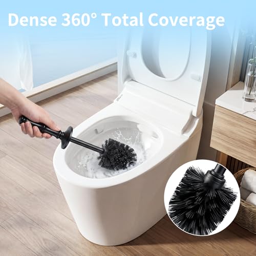 ROLABAM Toilet Cleaner Brush Set, Heavy Duty Anti-Tip Metal Base, Rustproof Freestanding Toilet Bowl Brush with Long Handle & Splash Guard, Modern Bathroom Cleaning Accessories - color: Black-2