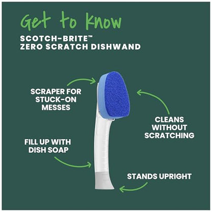 Scotch-Brite Non-Scratch Dishwand Kit, Includes 1 Wand & 8 Refill Pads, Keep Hands Out of the Mess, Blue