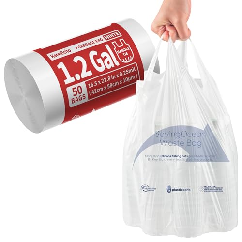 Small Trash Bags with Handles - Ocean Plastic Upcycling - Plastic Garbage Bags, Can Bin & Waste Basket Liner for Kitchen, Bathroom, Office and Pets,1.2 Gallon 50 Count White - color: 1.2Gal White, size: 1 ROLL