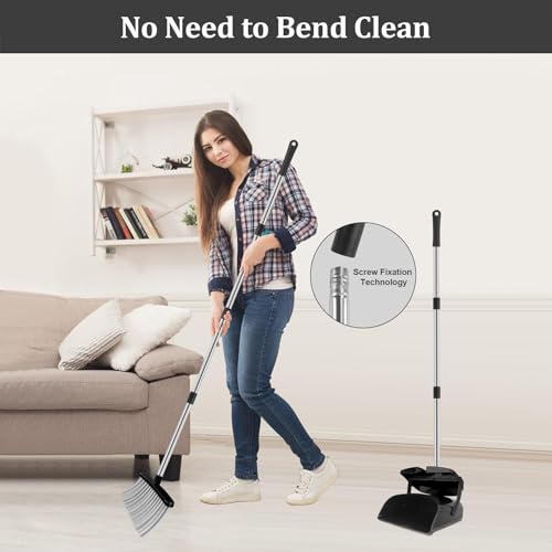 Broom and Dustpan Set, 51" Long Handle Broom with Dustpan Combo Set, Windproof Standing Dust pan with Self-Cleaning Teeth, Household Set Sweep Kitchen Office Lobby Pet Room - color: Black