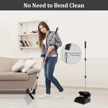 Broom and Dustpan Set, 51" Long Handle Broom with Dustpan Combo Set, Windproof Standing Dust pan with Self-Cleaning Teeth, Household Set Sweep Kitchen Office Lobby Pet Room - color: Black