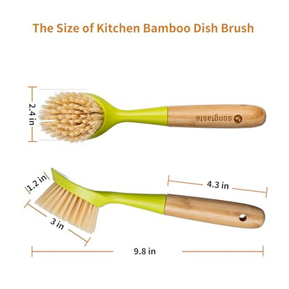 2 Pack Kitchen Dish Brush Bamboo Handle Dish Scrubber Built-in Scraper, Scrub Brush for Pans, Pots, Kitchen Sink Cleaning, Dishwashing and Cleaning Brushes are Perfect Cleaning Tools, Color-Green - style: Green