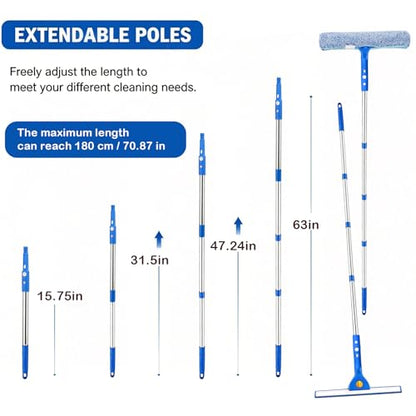 Window Cleaning Kit with 3 Gallon Bucket | 63" Long Handle 14" Window Squeegee & 15" Microfiber Scrubber, Multi‑Purpose Window Washing Tools for Home Car Outdoor Commercial