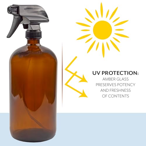 Cornucopia Brands 32oz Amber Glass Spray Bottles (Pack of 2) Brown Bottles w/ 3-Setting Trigger Sprayers; Includes Caps for Storage