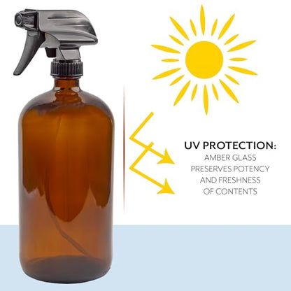 Cornucopia Brands 32oz Amber Glass Spray Bottles (Pack of 2) Brown Bottles w/ 3-Setting Trigger Sprayers; Includes Caps for Storage