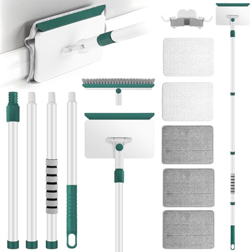 Baseboard Cleaner Tool with Handle, 60" Extendable Long Handle Baseboard Cleaner with 5 Reusable Pads for Baseboards Cleaning, Ceiling, Wall, Floor, Bathroom, Kitchen - size: Green