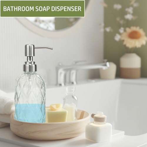 12Oz Clear Glass Soap Dispenser with Stainless Steel Pump, Diamond Design Refillable Kitchen Liquid Hand Soap Dispenser, for Dispense Hand soap, Dish Soap, Lotion, Bathroom, Countertop, Hotel - color: Clear a
