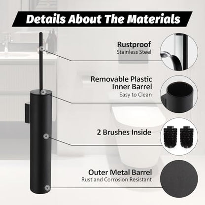 BGL Toilet Brush and Holder Set Matte Black Wall Mounted for Bathroom Round Design - color: Matte Black-wall Mount