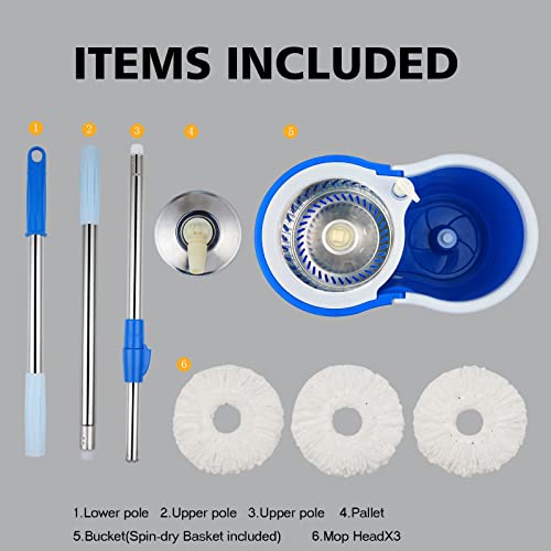 Mop and Bucket Set, 360° Spin Mop and Bucket with Wringer Set and 6 Microfiber Mop Refills, Stainless Steel 61" Extended Handle Spinning Mop Bucket System for Floor Cleaning (2 Sets) - color: Blue*2