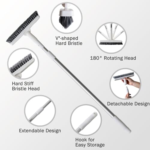 Grout Brush with Long Handle Telescopic Handle Floor Scrub Brush Grout Brush 180°Rotation Tile Grout Cleaning Tool V-Shaped Corner Brush for Bathroom Wall Tile Floors Hard to Reach Areas - 51.2in