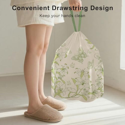 4 Gallon Trash Bags Drawstring, Portable Small Trash Bags with Printed Lily Design, Tear-Free, Leakproof & Durable for Bathroom, Office, 50 Counts - style: Lily-4Gallons