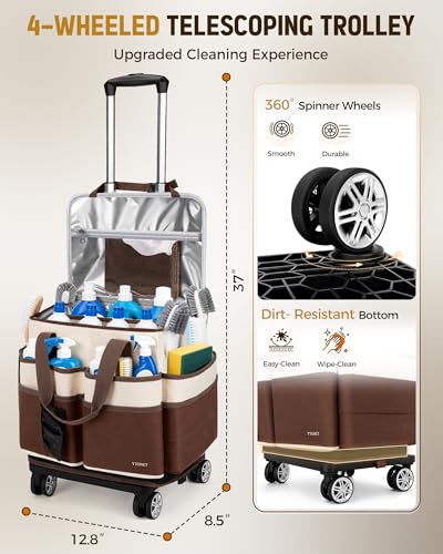 Ytonet Large Cleaning Caddy with 4 Spinner Wheels, Wearable Rolling Cleaning Caddy Bag with Cleaning Apron, Detachable Trolley Portable Cleaning Supplies Organizer Cart for Housekeepers, Car, Tool - color: Beige Brown