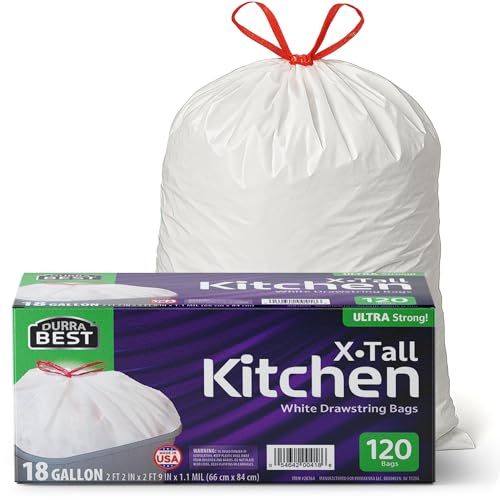 Heavy-Duty Trash Bags – 120 count, 18 Gallon White, Ultra Thick Drawstring Garbage Bags – Leak-Resistant for Home & Commercial Use, Big Trash Bags, Made in USA - color: White