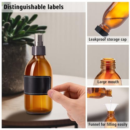 Tecohouse Amber Glass Spray Bottles 8.8 oz, 2 Pack Empty Spray Bottle for Essential Oils, Small Glass Bottles for Cleaning Solutions, Plants, Hair with Durable Nozzle, Labels, Funnel - color: 8.8 oz Amber