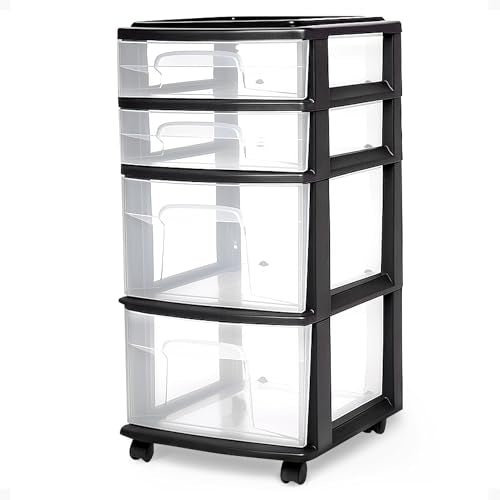 HOMZ Drawer Tower, 4-Tier Clear Plastic Storage Organizer Cart, Black Frame - Multi-Purpose Rolling Drawers with Wheels for Bedroom, Bathroom, and Office Organization - color: Black, size: 1 Pack