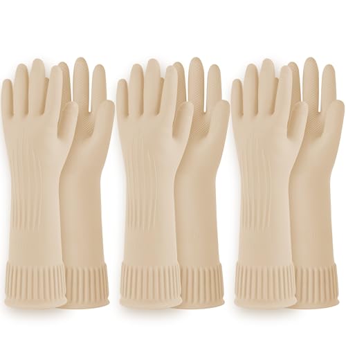 DABOGOSA Reusable Waterproof Household Dishwashing Cleaning Rubber Gloves, Non-Slip Kitchen Glove (Ivory, Medium (Pack of 3)) - color: Ivory, size: Medium (Pack of 3)