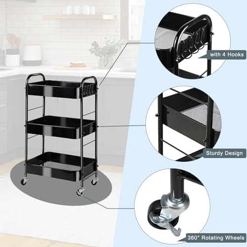 SUNLPH 3-Tier Rolling Utility Cart with Stopper Caster Wheels and 4 Hooks, Easy Assembly, for Kitchen, Bathroom, Living Room, Office (17.7”L x 12.2”W x 29.1”H, Black)