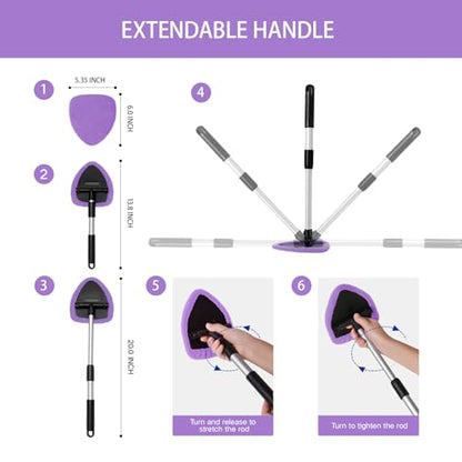 Qydipclin 10pcs Windshield Cleaner Tool, Car Window Cleaning Wash Kit with 4 Reusable Microfiber Pads 1 Spray Bottle and Extendable Handle Auto Glass Wiper Kit, Purple - color: Purple