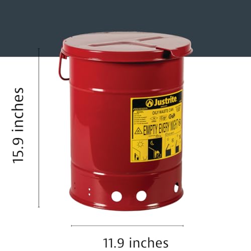 Justrite 6 Gallon Galvanized Steel Oily Waste Can, 16" x 12" Metal Oil Rag Safety Can with Hand Operated Self-Closing Lid for Oil Rag Disposal, Made in The USA, Red, 09110 - color: Red, size: 6 Gallon, style: Hand-Operated Lid