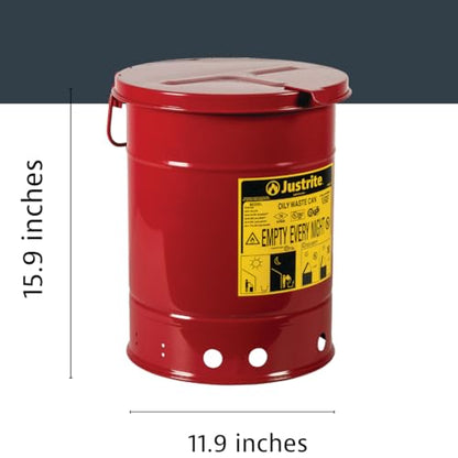 Justrite 6 Gallon Galvanized Steel Oily Waste Can, 16" x 12" Metal Oil Rag Safety Can with Hand Operated Self-Closing Lid for Oil Rag Disposal, Made in The USA, Red, 09110 - color: Red, size: 6 Gallon, style: Hand-Operated Lid