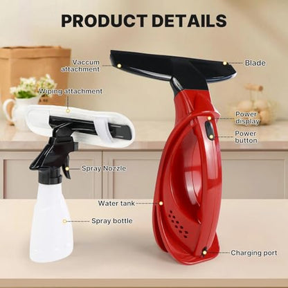 Window Vacuum Squeegee Cordless, Window Vac with Detachable 200ml Water Tank and Strong Suction, Electric Window Cleaning Tool for Window, Mirror, Countertop, Tile