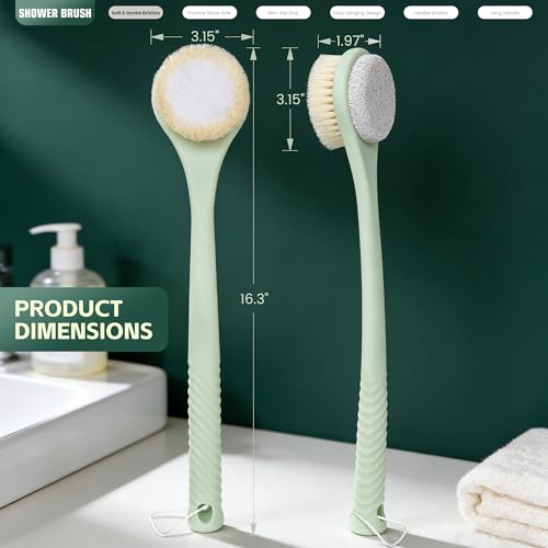 Back Scrubber for Shower, Long Handle Exfoliating Brush, Dual-Sided Bath Brush with Soft Bristles & Volcanic Pumice Stone, Anti-Slip Grip for Men & Women (Green) - color: Greenb