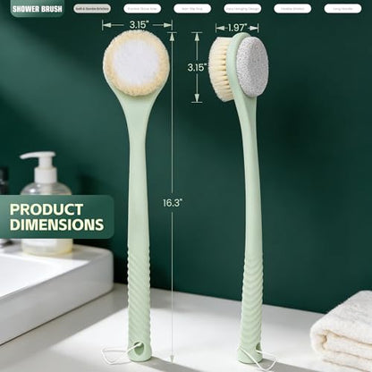 Back Scrubber for Shower, Long Handle Exfoliating Brush, Dual-Sided Bath Brush with Soft Bristles & Volcanic Pumice Stone, Anti-Slip Grip for Men & Women (Green) - color: Greenb