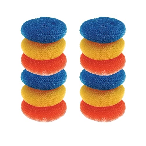 LOLA Plastic Mesh Scouring Pads - 12 Pack, 3.375" x 1.25", Non-Scratch Dish Scrubbers to Clean, Assorted & Random Colors, Red, Blue or Yellow - size: 12 Pack, style: Standard