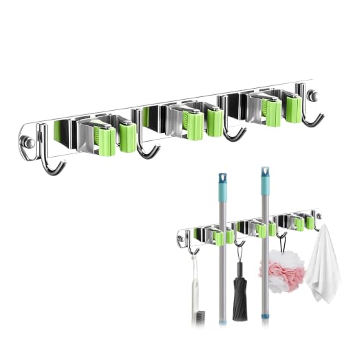 Upgrade Broom Holder Wall Mount, 304 Stainless Steel Mop & Broom Storage Organizer with Hooks, Self-Adhesive or Screw Install for Bathroom Garage Kitchen (green, 3 Racks and 4 Hooks) - color: green, size: 3 Racks and 4 Hooks