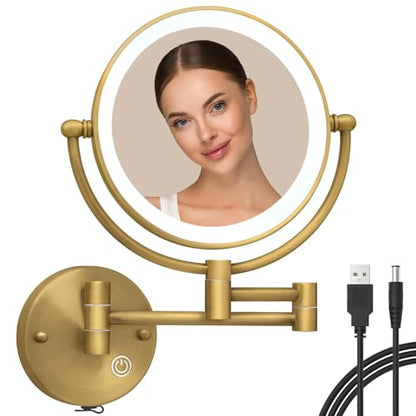 Brass Wall Mounted Makeup Mirror with Lights and Magnification, Rechargeable Lighted Magnifying Mirror Wall Mount with 1X and 5X, Brushed Antique Brass Bathroom Arts Ware - color: Brushed Antique Brass