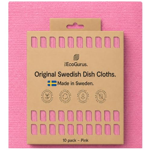 10 Pack Odour-Resistant Reusable Cleaning Cloths | Original Swedish Dishcloth | Made in Sweden | Suitable for All Surfaces | Biodegradable Cellulose Sponge | Kitchen & Bathroom | Pink - color: Pink