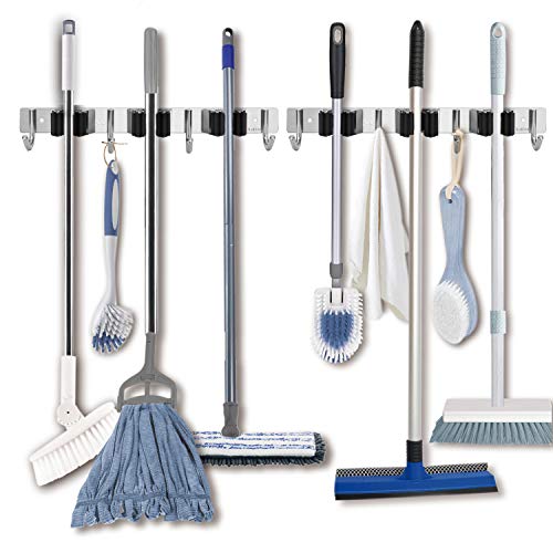 Broom Hanger Wall Mounted, 2PCS Mop and Broom Holder Wall Mount Garage Organization and Storage Stainless Steel Kitchen Tool Organizer Wall Hanger for Laundry Room Garden Garage Closet Kitchen