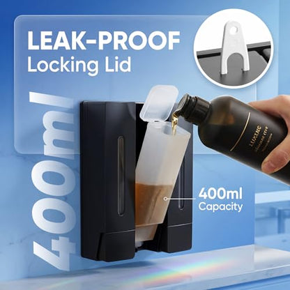 3-Chamber Shampoo, Conditioner & Body Wash Dispenser, Wall-Mounted Shower Soap Dispenser, 1200 ML (3×400 ML) Capacity, No-Drill or Screw Install, Refillable Clear-Window Bottles for Bathrooms & Hotels - color: Black-3-pack