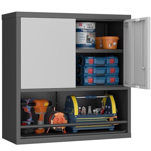 GREATMEET 31" H Metal Garage Storage Cabinets with Doors and Shelves, Lockable Storage Cabinet with Lock, Hanging Cabinets for Wall, Wall Mount Cabinet for Utility Room, Black&Grey - color: Black&grey, size: 31"H Wall Mount